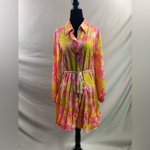 Boho Floral Print Lantern Sleeve Belted Shirt Dress 50% OFF - Picture 5 of 8